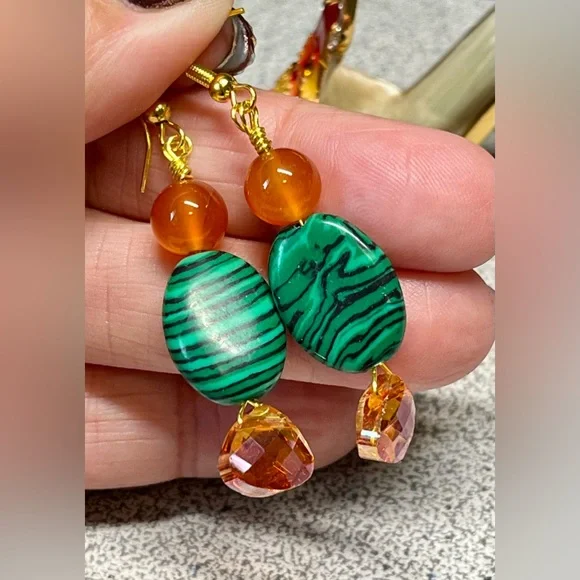 Dyed malachite and bright orange Swarovski crystal earrings on Sterling - Picture 6 of 8
